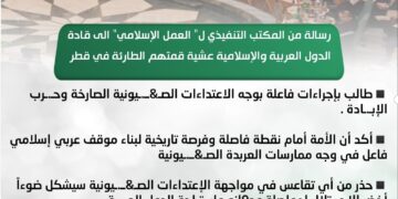 رسالة من “العمل الإسلامي” إلى القمة العربية الإسلامية في قطر تطالب بإجراءات فاعلة بوجه الاعتداءات الصهيونية الصارخة وحرب الإبادة